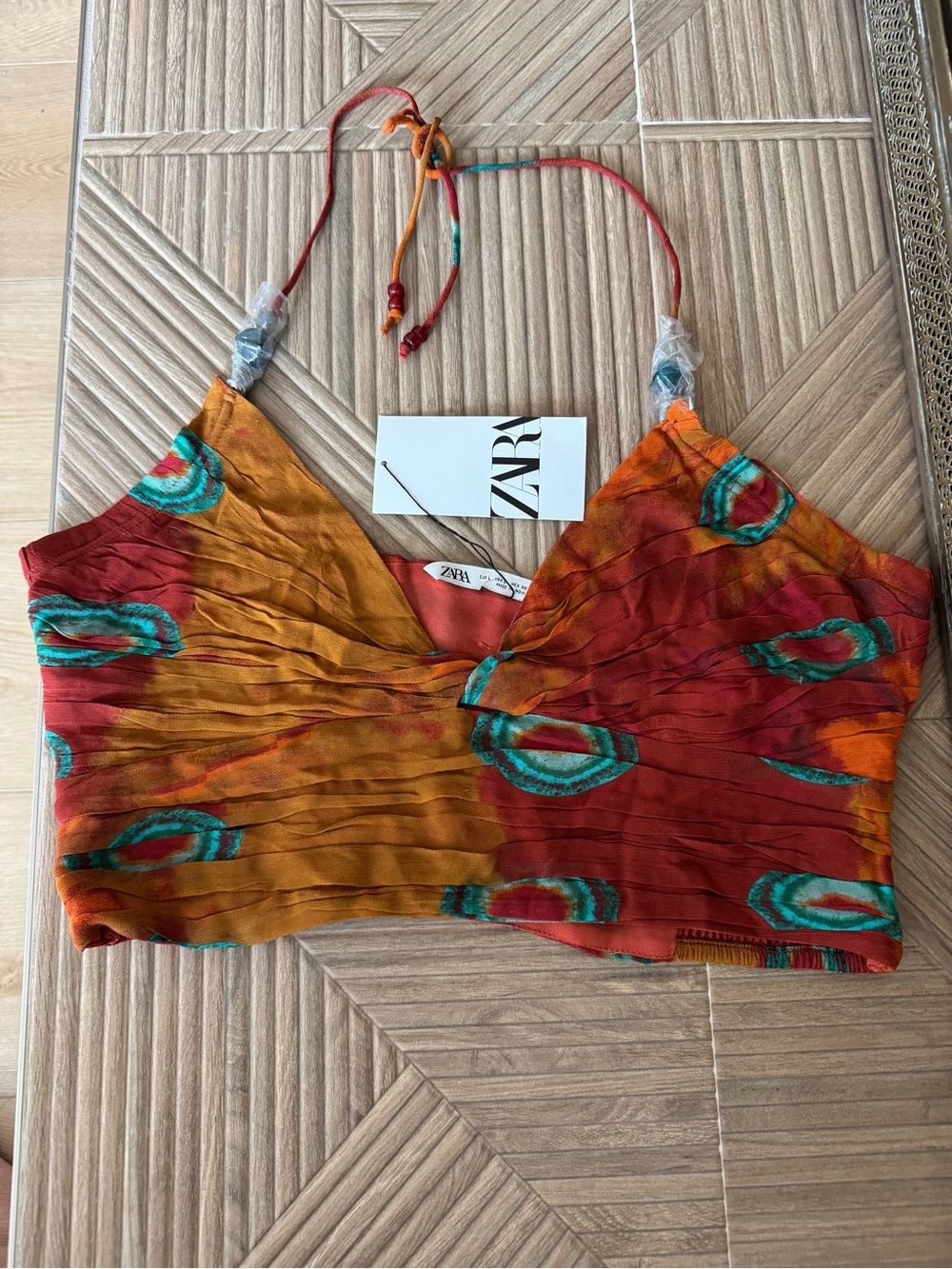 ZARA Multicolor Halter Top— Dark Red, Mustard, Teal with bead accents
